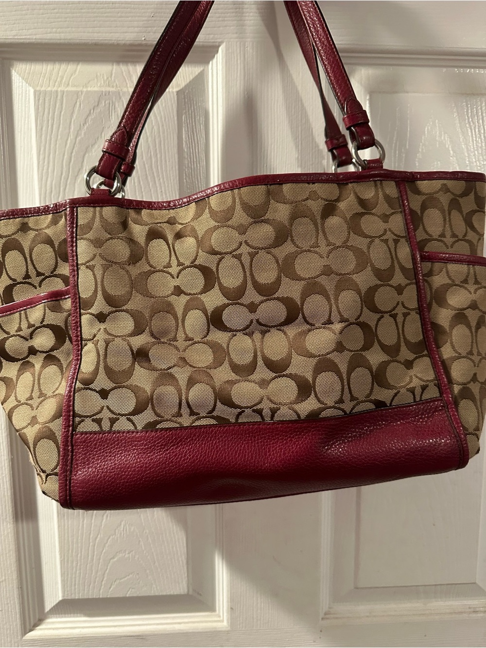 Coach Tan Signature Carrie Tote with Burgundy Leather Trim and Wallet - Picture 9 of 16